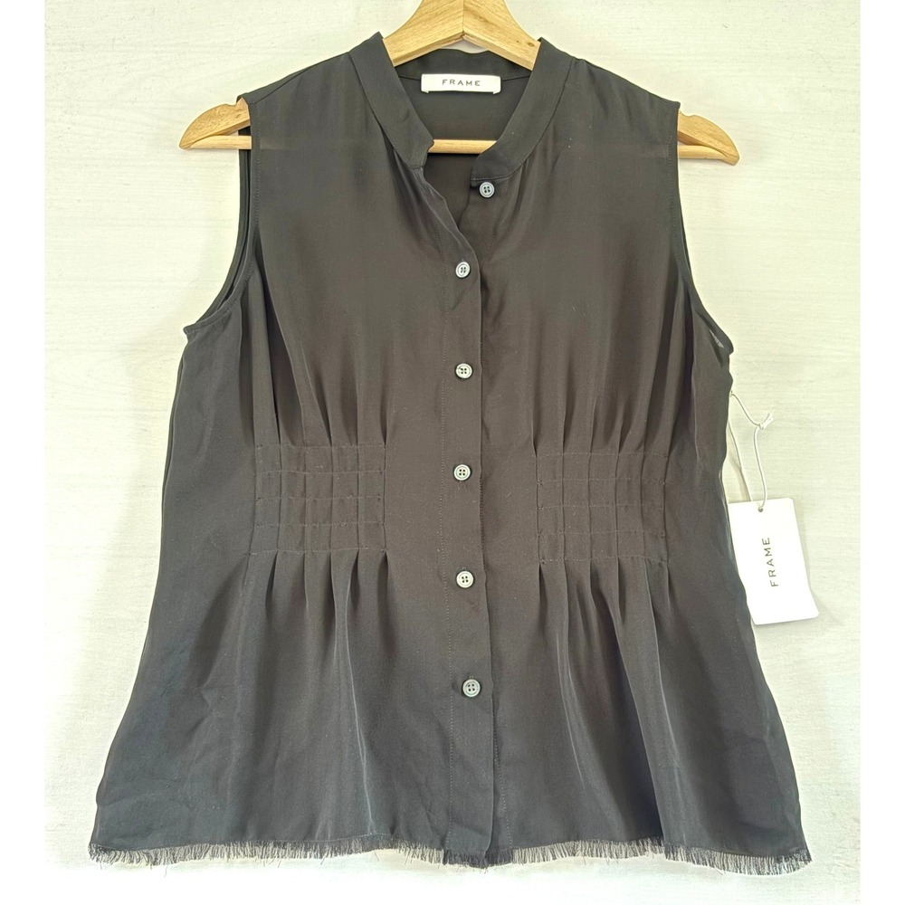 FRAME Noir Black Raw Smocked Sleeveless Button Down Blouse LWSH0790 New